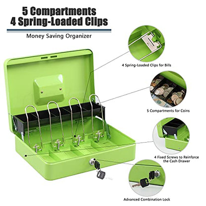 KYODOLED Locking Cash Box with Lock,Money Box with Cash Tray,Lock Safe Box with Key Money Saver,Money Saving Organizer,11.81Lx 9.45Wx 3.54H Inches,Limegreen XL Large - color: Limegreen
