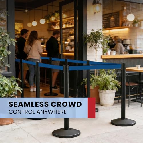 Crowd Control Warehouse 2-Pack Retractable Belt Stanchions, 11 Ft Dark Blue - color: Dark Blue Belt with Black Post