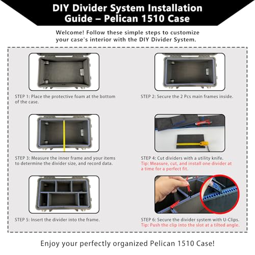 LAFENLIN UPGRADE DIY Divider System for Pelican 1510 Case, Customizable Organizer with U-Clips & Red Pull Tabs, Secure Foam Inserts for Tools, Camera, Medical, Tactical Gear (Case NOT Included)