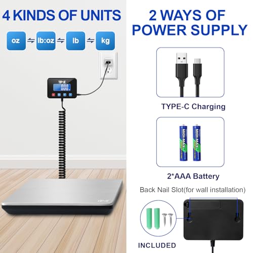 TIPRE Shipping Scale 660lbs for Packages,Heavy Duty Digital Postal Express Scale,1 oz High Accuracy with Charging Cable & Batteries,Extra Large Stainless Steel for Small Business,Warehouse,Home - size: 660lb- Silver Stainless Steel