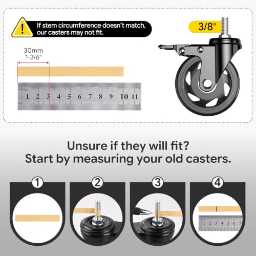 5 inch Caster Wheels, 3/8"-16 x 1 Threaded Stem Casters Set of 4(Stem Diameter 3/8", Stem Length 1"), No Noise Safety Dual Locking Polyurethane (PU) Wheels, Swivel Heavy Duty Casters 2400lbs - color: Black-3/8"-16x1", size: 5 Inch