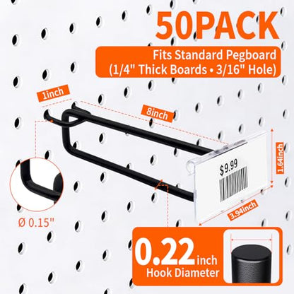 8" Pegboard Hooks with Label, 50Pcs Heavy Duty for 1/4" Board, Garage Storage - size: 8inch-50pcs