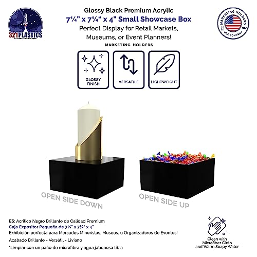 Marketing Holders 4 Pack Black Acrylic Display Box Countertop Showcase Bin No Lid 7" x 7" x 4" Merchandise Storage One Open Side Square Flippable Cubby for Retail Stores and Expos