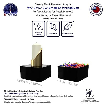 Marketing Holders 4 Pack Black Acrylic Display Box Countertop Showcase Bin No Lid 7" x 7" x 4" Merchandise Storage One Open Side Square Flippable Cubby for Retail Stores and Expos