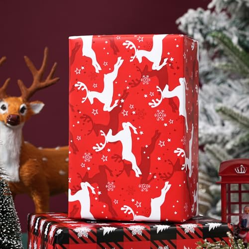 Ulmasinn Reversible Christmas Wrapping Paper - 17" x33ft Double Sided, Red Nordic Reindeer & Snowflake, Heavy Duty & Wrinkle-Free, Xmas Gift Wrap for Presents - color: Christmas Red Reindeer