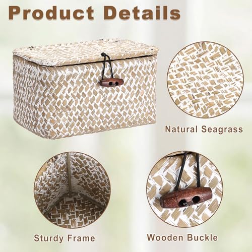Hipiwe Wicker Shelf Basket Box Mini Seagrass Baskets with Lid,6.1"x4"x3.3" - color: Whitewash color, size: 6.1" x 4" x 3.3"