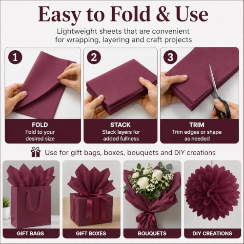 ROVIBIOBIO 100 Sheets Burgundy Tissue Paper for Gift Bags, 20 x 14 Inch - color: Burgundy