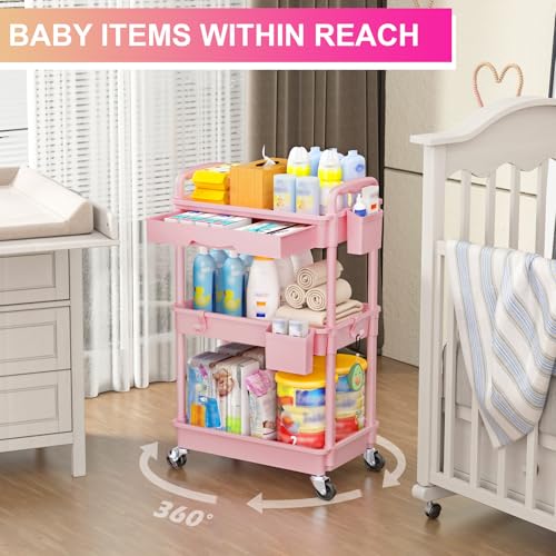 Goovilla 3 Tier Rolling Utility Cart Organizer with Removable Drawer, Pink - size: 3 Tier, style: Pink