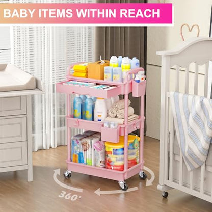 Goovilla 3 Tier Rolling Utility Cart Organizer with Removable Drawer, Pink - size: 3 Tier, style: Pink