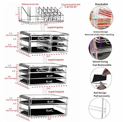 Cq acrylic 4 Pack Clear Makeup Organizer Countertop,Stackable 11 Drawers Skincare Organizer,Cute Skin Care Organizer for Vanity Hair Clip,Jewelry,Beauty Product Desk and Make Up Organizers for Vanity - size: 11 Drawers
