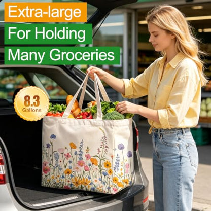 Aesthetic Canvas Reusable Grocery Bags Heavy Duty, 8.3 gal Foldable Large Tote Bag with Handles, Holds 60 lbs & Washable Eco-friendly Bags with 5 Pockets, Beige with a print 1 Bags（Wildflowers） - color: [A4] Flower, size: 1 Pack