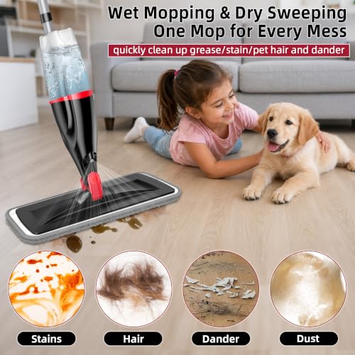 Spray Mops for Floor Cleaning: Hardwood Floor Mop Wet Mop & 3 Washable Pads - color: Red/Black