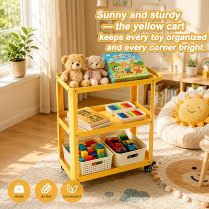 3 Tier Metal Utility Rolling Cart with Wheels, Yellow - color: Yellow