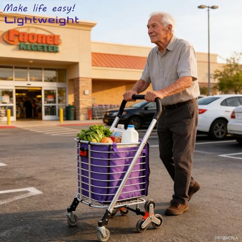 Foldable Stairs Climbing Shopping Cart with Waterproof Basket Liner，Aluminium Alloy Lightweight Collapsible Grocery Dolly Cart，Portable Rolling Utility Trolley，49L