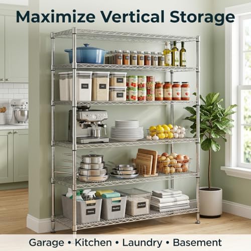 6-Tier NSF Certified Heavy Duty Wire Shelving Unit, 2100 LBS Capacity, Chrome Steel, Adjustable Feet & Shelves, 47.3" W x 17.7" D x 82.4" H - color: Chrome/Silver