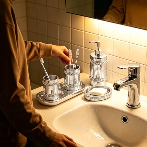 Silver Bathroom Accessories Set, Mosaic Decoration 4-piece Set - size: 4 Pc Set