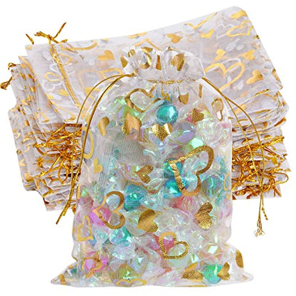 Bskifnn 100PCS Heart Printed Organza Bags Gift Jewelry Candy Bags for Wedding Valentine's Day Mother's Day Party Christmas 5x7Inch (White) - color: White