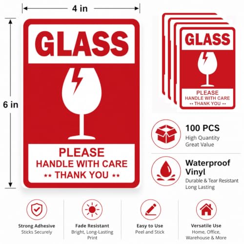 4 x 6 Inch Large Glass Fragile Stickers for Shipping Handle with Care Label