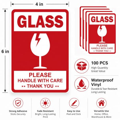 4 x 6 Inch Large Glass Fragile Stickers for Shipping Handle with Care Label