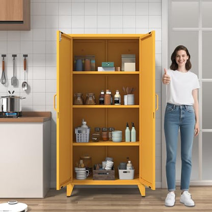 61" Tall Yellow Farmhouse Metal Kitchen Pantry Cabinet, Lockable Freestanding Storage Cabinet with 2 X-Shape Metal Doors & 3 Adjustable Shelves, Cupboard with Legs for Home, Bedroom, Garage, Office - color: Mustard, style: Pantry-61"H-DH