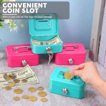 Tandefio 12 Pcs Small Money Cash Box with Lock and Slot Metal Box for Cash Steel Organizer Piggy Bank Metal Coin Bank for Adults, 4.5 x 3.3 x 2 Inch, Without Money Tray (Pink,Green) - color: Pink, Green