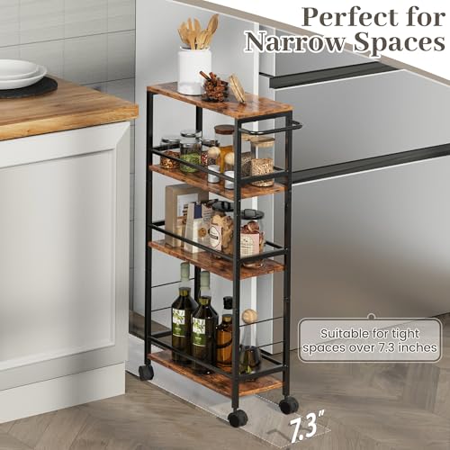 Narrow Storage Cart with Wheels, 4-Tier Narrow Kitchen Carts Slim Rolling Cart, Skinny Storage Cart, Snack Cart Slim Laundry Carts with Handle for Livingroom, Diningroom, Office（Rustic Brown, Black） - size: 7.3"D x 16.7"W x 34.3"H
