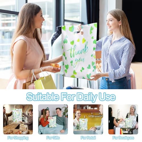 WAKAKO Bulk 100 Green Thank You Shopping Bags with Handles – Durable Plastic Retail Bags for Business Small, Boutique, Gifts, Merchandise (Large 15"x12") - size: Large