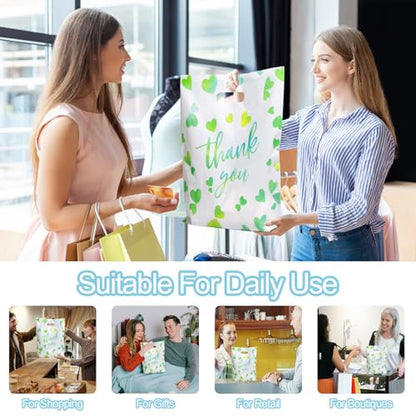 WAKAKO Bulk 100 Green Thank You Shopping Bags with Handles – Durable Plastic Retail Bags for Business Small, Boutique, Gifts, Merchandise (Large 15"x12") - size: Large