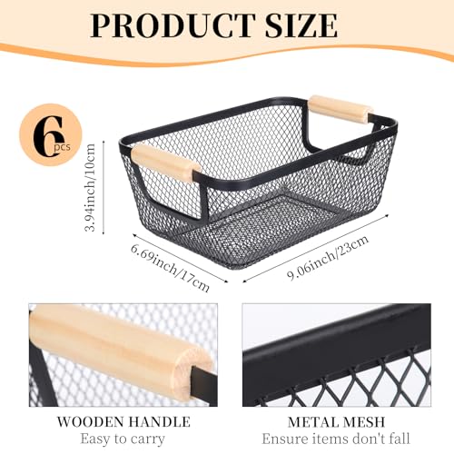 6 Pack Black Wire Basket with Wooden Handle, Storage Bins for Pantry
