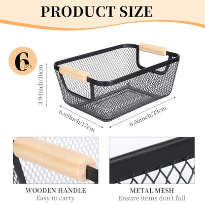6 Pack Black Wire Basket with Wooden Handle, Storage Bins for Pantry