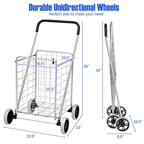 COSTWAY Shopping Cart with Wheels, Folding Grocery Cart with Basket