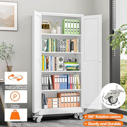 pozdeg 71" White Lockable Rolling Metal Garage Storage Cabinet - color: White, size: 14.96"D x 29.92"W x 71"H