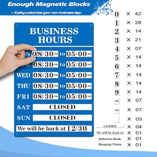 Magnetic Changeable Business Hours Sign, Metal Hours of Operation Signs for Business, Store Hours Sign for Glass Door or Window (BL-hours&open/close) - style: BL-hours&open/close
