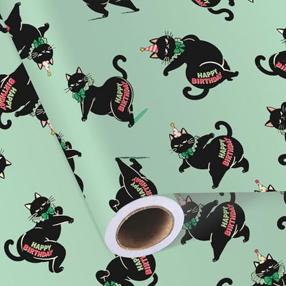 Sikiweiter Funny Black Cat Birthday Wrapping Paper Roll, 17 Inch x 16.5 Feet, Gift Wrap with Happy Birthday Text, Mint Green Background, Fun Kitty Birthday Paper(Funny Black Cat Birthday) - color: Funny Black Cat Birthday