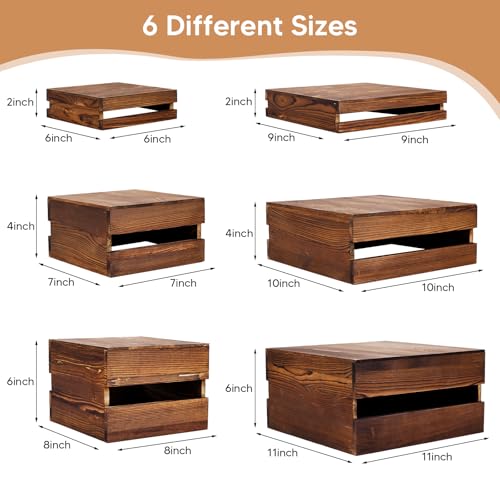 6 Pack Wooden Crates for Display Wooden Risers Square Food Risers for Buffet Party Rustic Wood Cake & Cupcake Stands