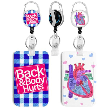 2 Pack Back&Body Hurts&Heart ID Badge Holder with Clip Badge Reels - color: 2 Pack-back&body Hurts&heart