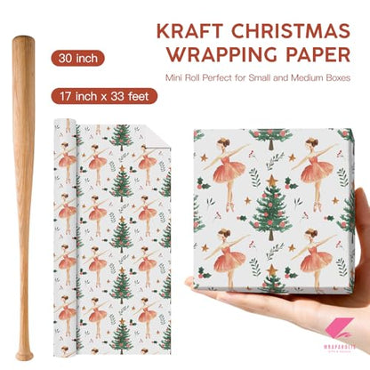 WRAPAHOLIC Kraft Christmas Wrapping Paper - Mini Roll - 17 Inch x 33 Feet - Sugar Plum Fairy Wrapping Paper with Christmas Tree Design for Holiday, Party Celebration - color: Sugar Plum Fairy, size: 17 inch x 33 feet