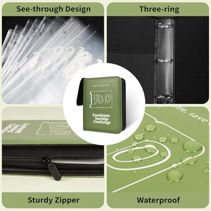 RONMONG 100 Envelopes Challenge Binder, Money Saving Binder, Budget Book - color: Green Style 1