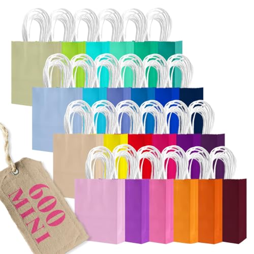 qiqee 600Pcs Mini Paper Gift Bags with Handles - Party Favor Bags - 24 Solid Colors(12×15×6cm / 4.5"×6"×2.5") - size: 1 Count (Pack of 600)