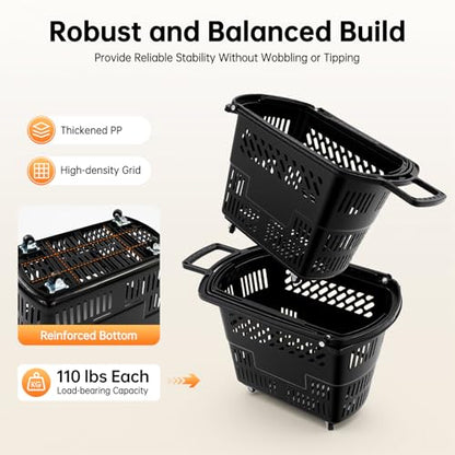 6PCS 35L Shopping Carts with Wheels and Handle, Heavy Duty Plastic Rolling Shopping Basket with Foldable Handle 4 Wheels, Portable Shopping Basket Set for Supermarkets Retail Stores (Black)