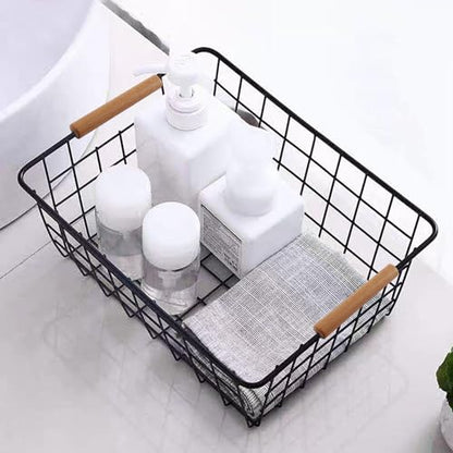 4 Pack Black Metal Wire Storage Baskets, Pantry Baskets for Organizing, Wire Food Storage Basket Organizer with Wooden Handles for Kitchen, Pantry, Freezer - 29 x 22 x 12cm
