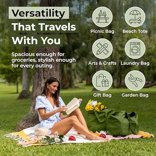 VeraMia Canvas Grocery Bag 3pc XL Set with Real Pockets, Long Shoulder Strap and Short Handle. Heavy Duty, Foldable, Washable - color: Forest