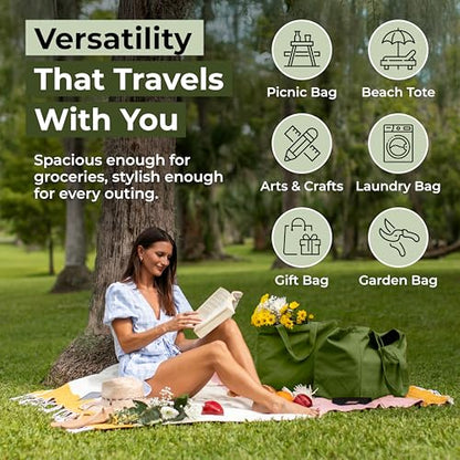 VeraMia Canvas Grocery Bag 3pc XL Set with Real Pockets, Long Shoulder Strap and Short Handle. Heavy Duty, Foldable, Washable - color: Forest