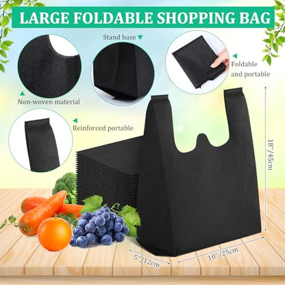 Windyun Reusable Grocery T Shirt Bags Bulk Small Non Woven Shopping Bag 10 x 18 x 5 Inch Foldable Tote with Handle Party Gift - color: Black