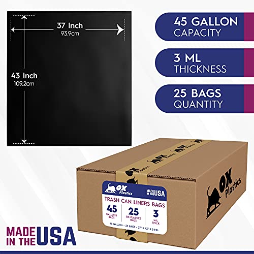Ox Plastics Trash Can Liners Bags - 42 Gallon Capacity & 3mil Thick Extra Heavy Duty Strength - Large Garbage, Leak-Proof & Durable, House & Commercial Use Bags Black 37 X 43 (25 Count) - color: Black, size: 1 Count (Pack of 25)