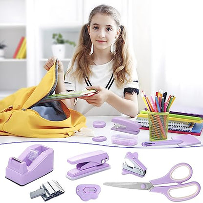Purple Desk Accessory Kit Cute Office Supplies Set Desktop Stapler Set Includes Staple Remover Hole Punch Tape Dispenser Ballpoint Pen Scissor Mini Box Cutter Tape Measure Paper Clips Sticky Notes - color: Purple