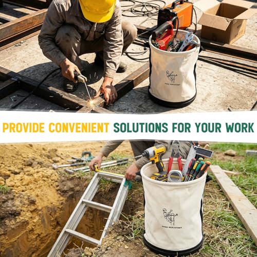 1 Pack 15" x 12" Canvas Tool Bucket Bag, Heavy Duty 150 Lbs Load Capacity, Truck Tool Organizer with Plastic Bottom Metal Hook for Linemen Electricians & Construction Workers (White) - color: White