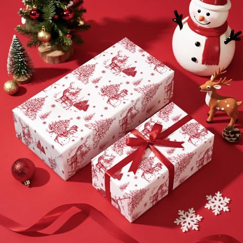 WRAPAHOLIC Red Christmas Wrapping Paper - Mini Roll - 17 Inch x 16.5 Feet - Red Sketch Christmas Elements Wrapping Paper for Xmas Holiday, Party Celebration - color: Christmas Red Sketch, size: 17 inch x 16.5 feet