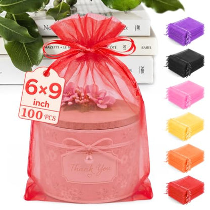ANZNKU 100PCS Organza Bags 6x9, Red Small Mesh Gift Bags Drawstring Bulk - color: Red