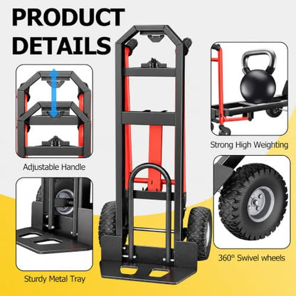 4 in 1 Folding Hand Truck, 1000lbs Capacity Dolly Cart Industrial Convertible Heavy Duty with Retractable Handle and 4 Rubber Wheels, Collapsible Cart for Moving Home, Warehouse, Black-Red - color: Black Red-1000